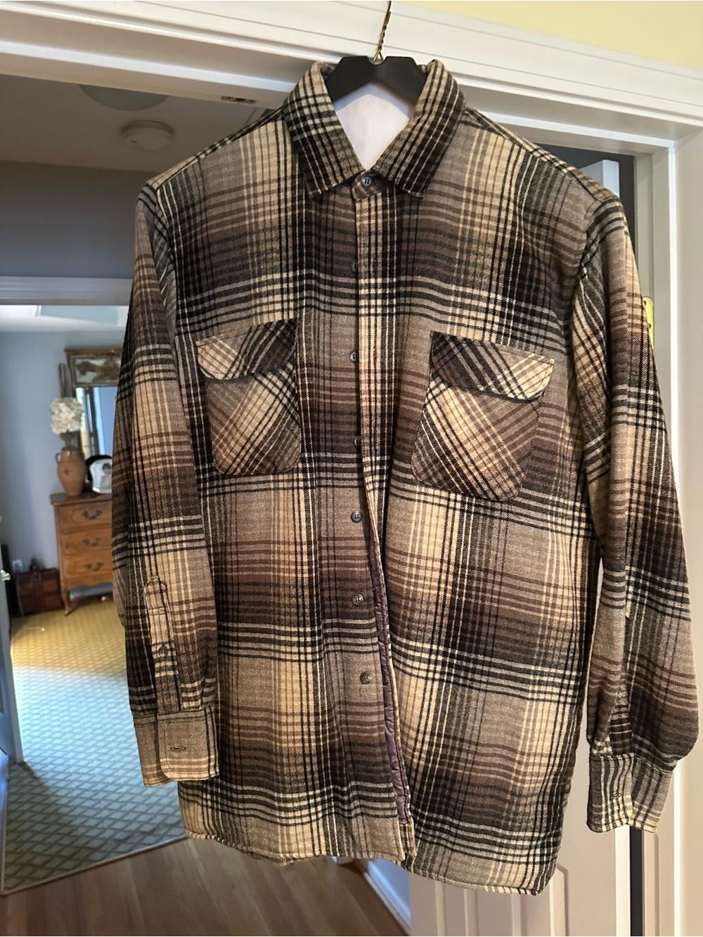 Arrow Plaid Wool Shirt Jacket in Brown and Cream